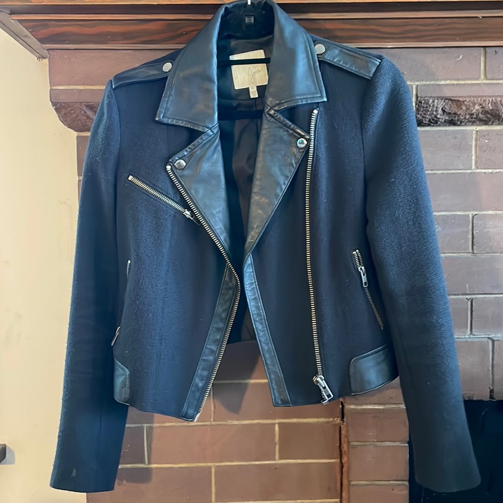 Joie moto jacket with leather accents. 100% cotton and double polyester lining.